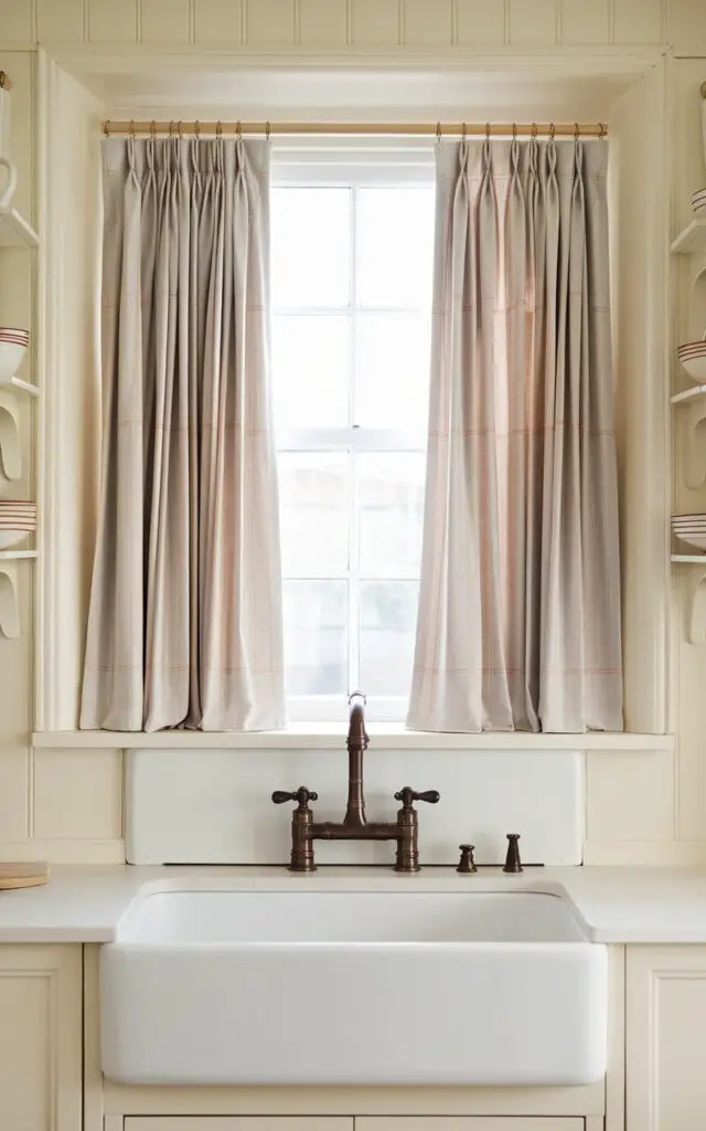 A classic farmhouse kitchen with a white sink and an oil-rubbed bronze faucet. Above the sink is a window with pleated curtains made of soft pastel fabric with subtle stripes. The walls are cream-colored, and there are ceramic dishware on a shelf near the sink. The overall setting has a timeless and refined aesthetic.