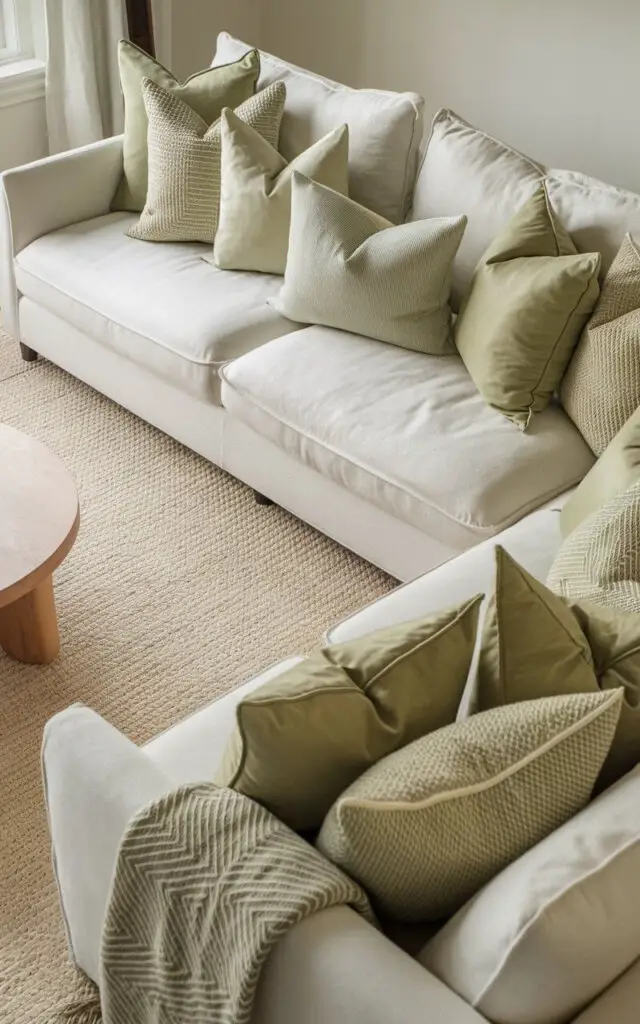 A cozy sage green living room with a very inviting white cozy sofa filled with an assortment of sage green throw pillows in varying textures and patterns. The room features a light round wooden coffee table, a neutral area rug, and a woven blanket draped over the sofa armrest.