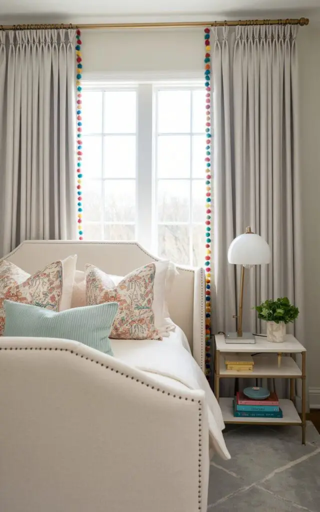 A photo of a cheerful bedroom with neutral curtains featuring colorful pom-pom trim along the edges. The playful detail adds personality without overwhelming the room. Near the window, there's a very cozy upholstered bed with a simple yet elegant cream fabric finish, layered with pastel throw pillows that match the pom-pom colors. A modern bedside table with a gold lamp and a small stack of books enhances the cozy yet stylish feel of the space.