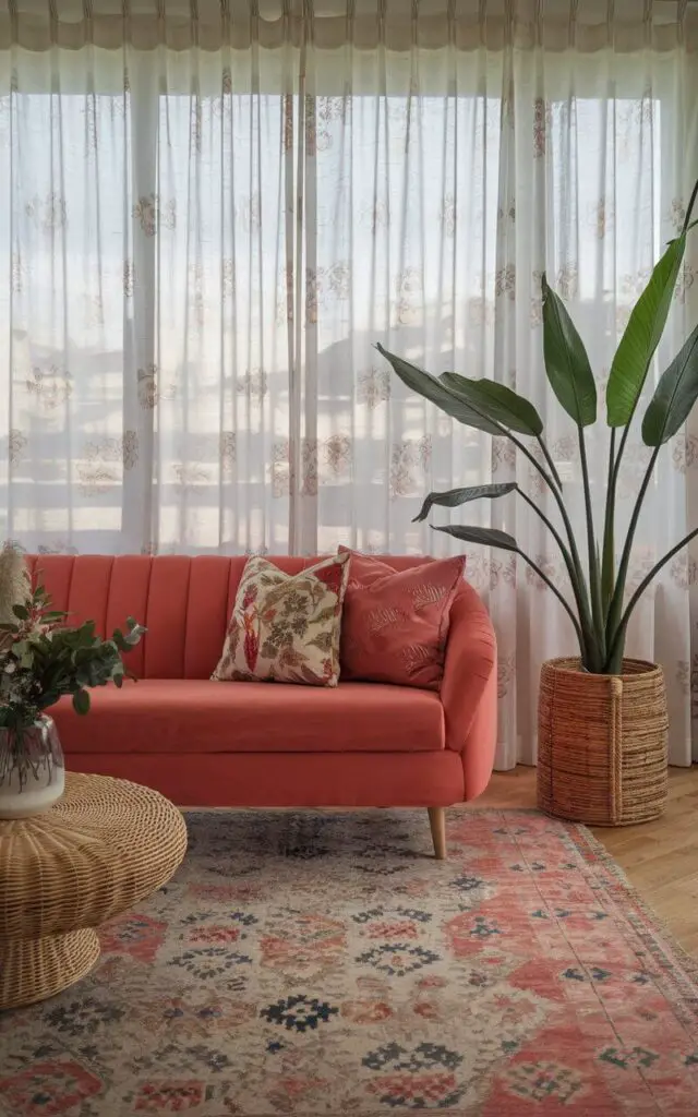 A photo of a living room with a coral sofa, bohemian cushions, a patterned area rug, printed sheer curtains with delicate floral patterns, an oversized floor plant, and a wicker coffee table. The curtains diffuse the light beautifully, casting subtle shadows.