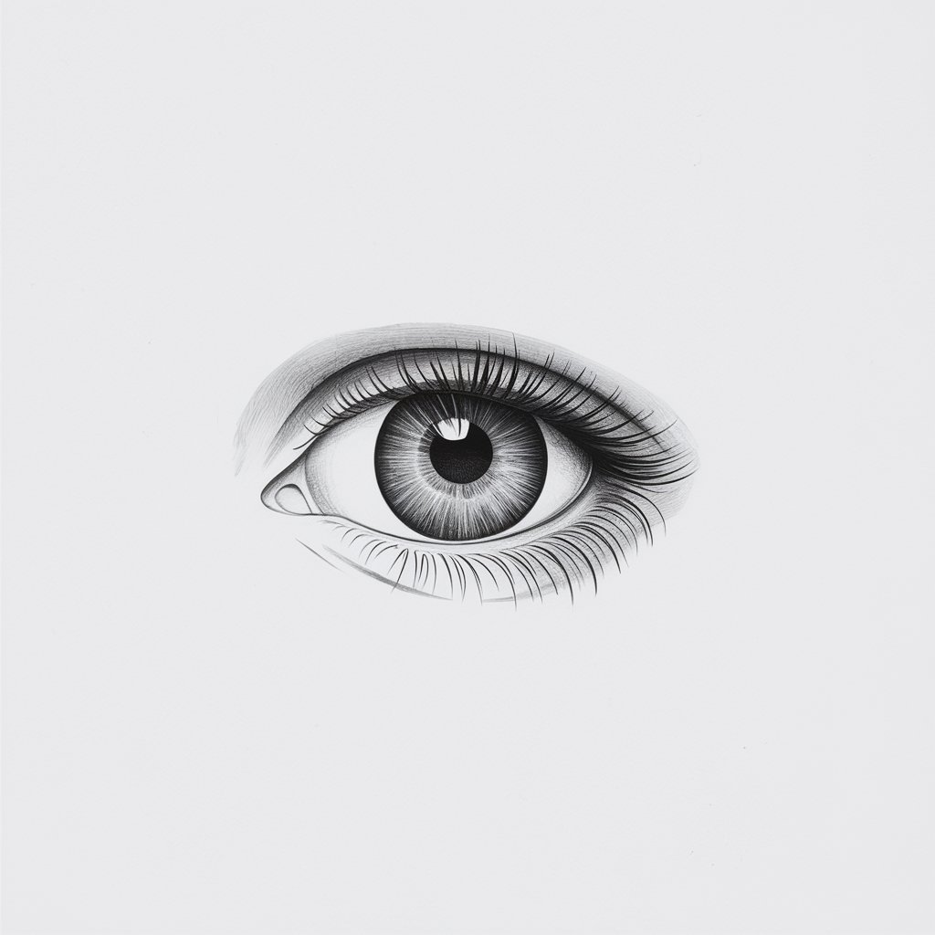 A minimalist, plain white background pencil drawing illustration of a highly detailed human eye. The iris has intricate radial patterns in shades of gray, with subtle reflections and a faint shadow under the eyelid. The eyelashes are sparse yet natural, drawn in a simplistic style to balance realism with accessibility.