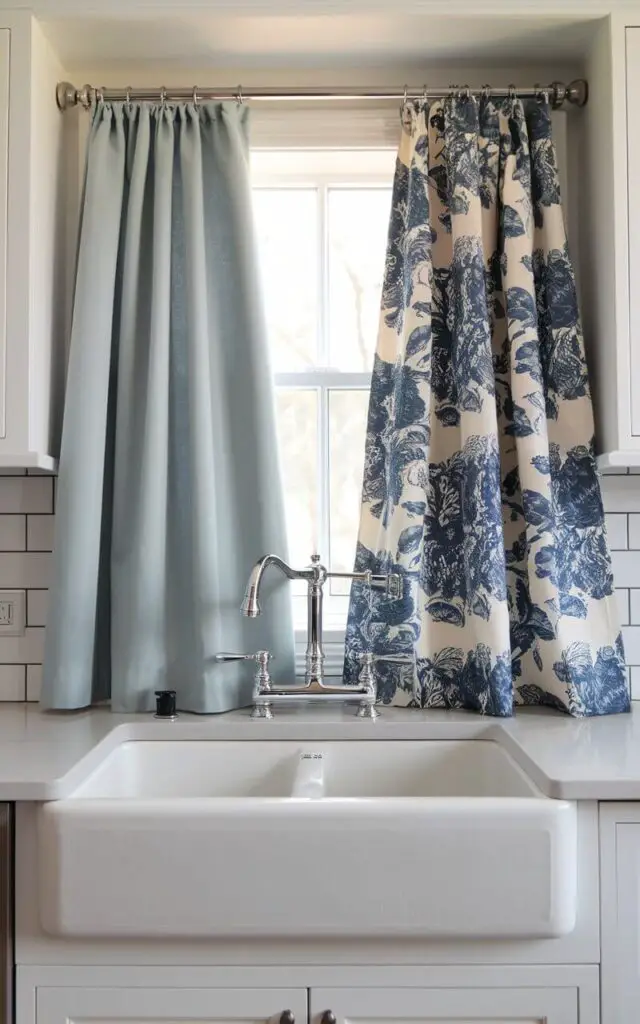 A photo of a farmhouse kitchen sink with a shiny chrome modern kitchen faucet. Above the sink, there is a reversible kitchen window curtain with a dual-sided design. One side is soft gray, and the other is a bold blue floral pattern. The white cabinetry and ceramic backsplash highlight the curtain's versatility, allowing easy swaps for different moods or seasons.