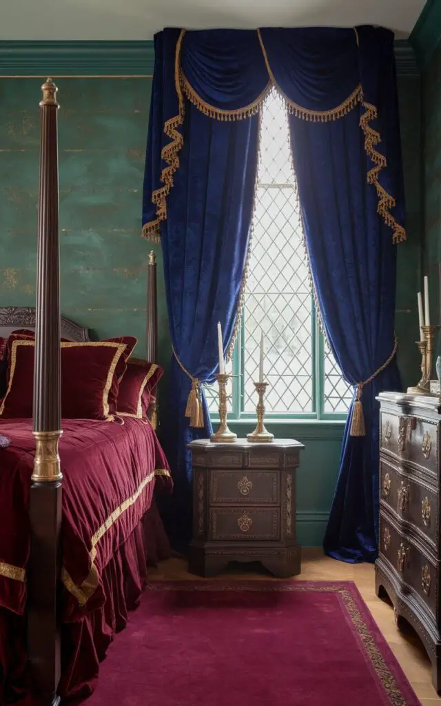 A photo of a medieval bedroom with a cozy bed featuring deep red velvet bedding accented with gold trim. The walls are painted in a rich emerald green with subtle gold details. A large window is draped with heavy royal blue curtains tied with golden tassels, letting in soft, filtered light. The room is furnished with a dark wood four-poster bed and an intricately carved dresser. Brass candlesticks adorn the nightstand. A plush area rug in matching jewel tones ties the room together, exuding medieval elegance.