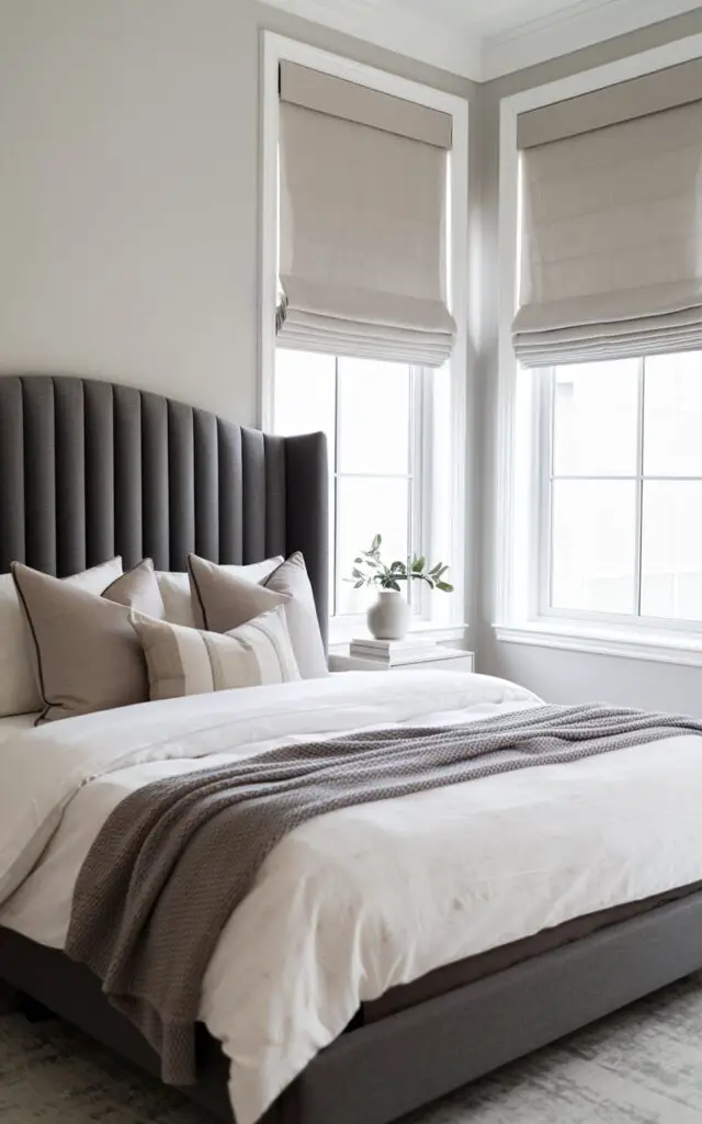 A sleek and modern bedroom with a tailored Roman shade bedroom window curtain in a soft dove-gray fabric. The shades fit snugly within the window frame, providing a neat and clean-lined appearance. Below the window, a very cozy upholstered bed with a high, channel-tufted headboard in a rich charcoal fabric offers a bold contrast to the lighter walls. The bed is styled with crisp white bedding, subtle gray throw pillows, and a knit blanket for texture. A minimalist nightstand with a small potted plant adds a fresh touch.