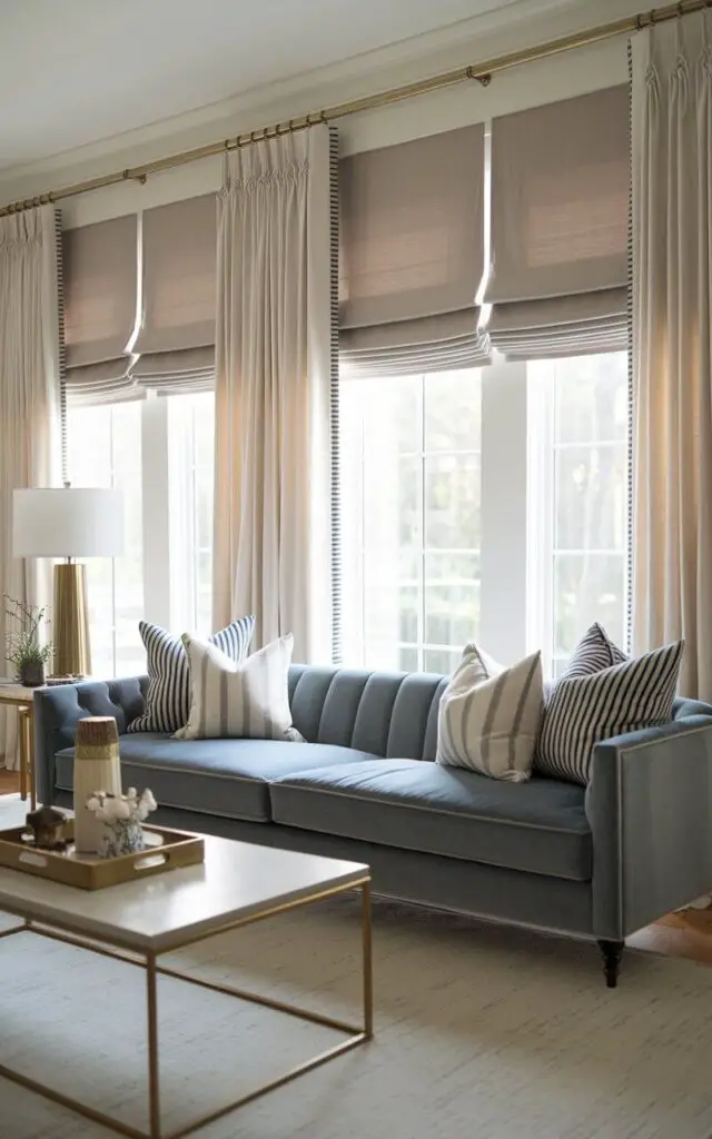 A polished living room with tailored Roman shades in a soft taupe fabric, layered beneath flowing curtain panels in ivory. A very cozy blue velvet sofa anchors the room, paired with striped throw pillows. A brass coffee table holds a small tray of decorative trinkets.