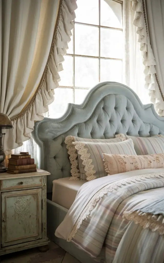 A photo of a vintage-inspired bedroom with a charming ambiance. There's a large window with white ruffled curtains, casting a soft light into the room. The bed is upholstered and has a curved, tufted headboard in a pale blue velvet finish. The bedding and pillows have a pastel color scheme and are lace-trimmed. A distressed wooden nightstand beside the bed holds an antique lamp and a stack of old books.