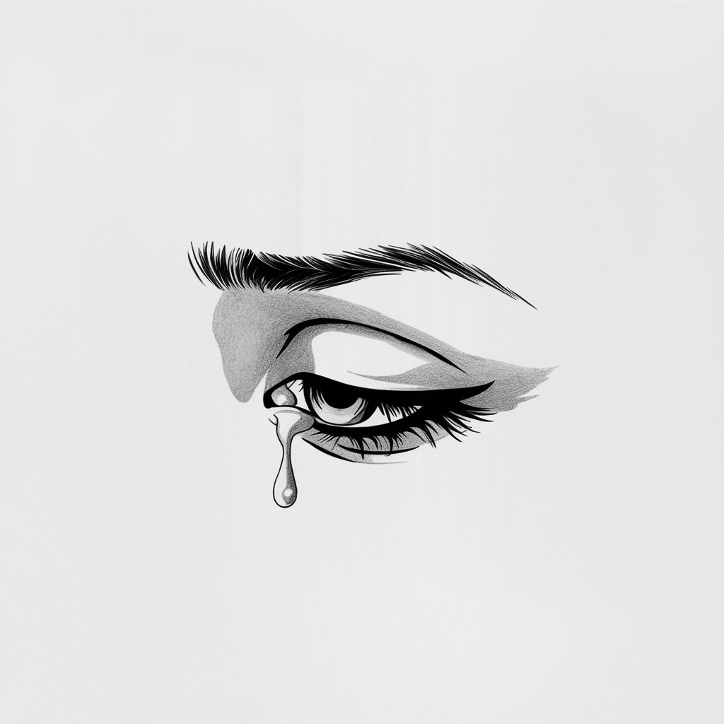 A minimalist, plain white background pencil drawing illustration of a very sad eye, slightly closed with a teardrop resting on the lower lid. The iris is soft gray, and the brow curves downward. Drawn in a simplistic style, it emphasizes emotion through subtle shapes and shading.