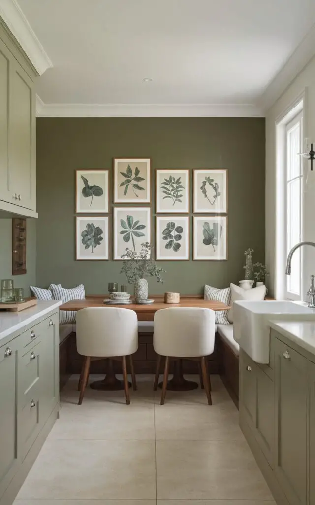 A photo of a modern kitchen with sage green cabinets and a rich, muted green accent wall. The accent wall serves as the backdrop for a dining nook with a wooden table and white upholstered chairs. A collection of framed botanical prints decorates the wall, adding a natural element to the space. The floor is covered with beige tiles, and there is a white sink and faucet near the window.