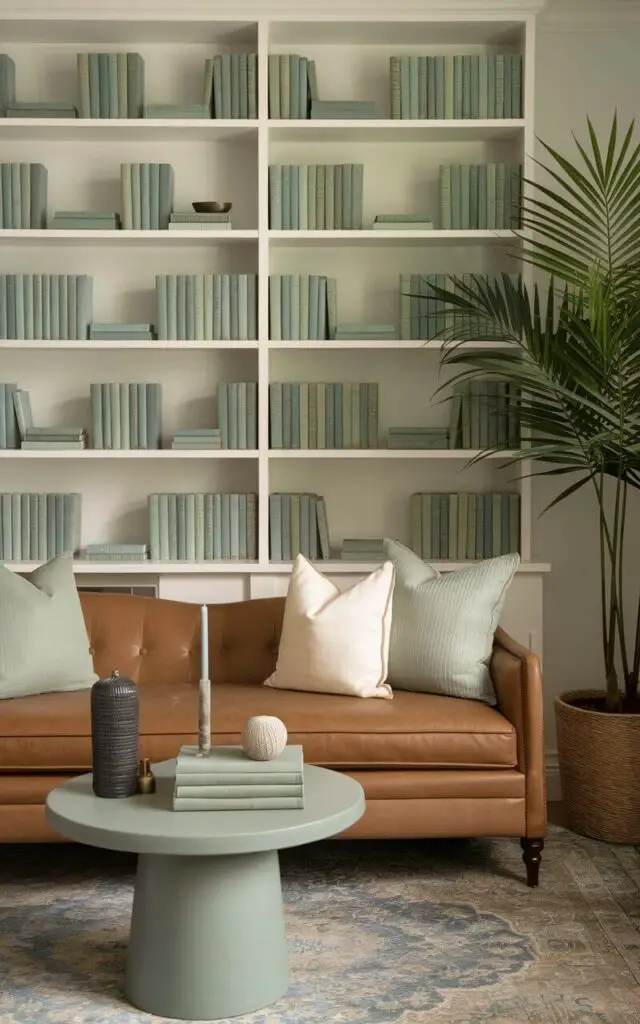 A photo of a cozy sage green living room with a creative bookshelf display of plain books in various sage green tones. A tan sofa sits nearby, layered with sage green and cream throw pillows. The room is styled with a small round coffee table holding a stack of plain sage green books, a candle, and a decorative object. A tall potted plant and a patterned area rug add depth and texture to the serene space.