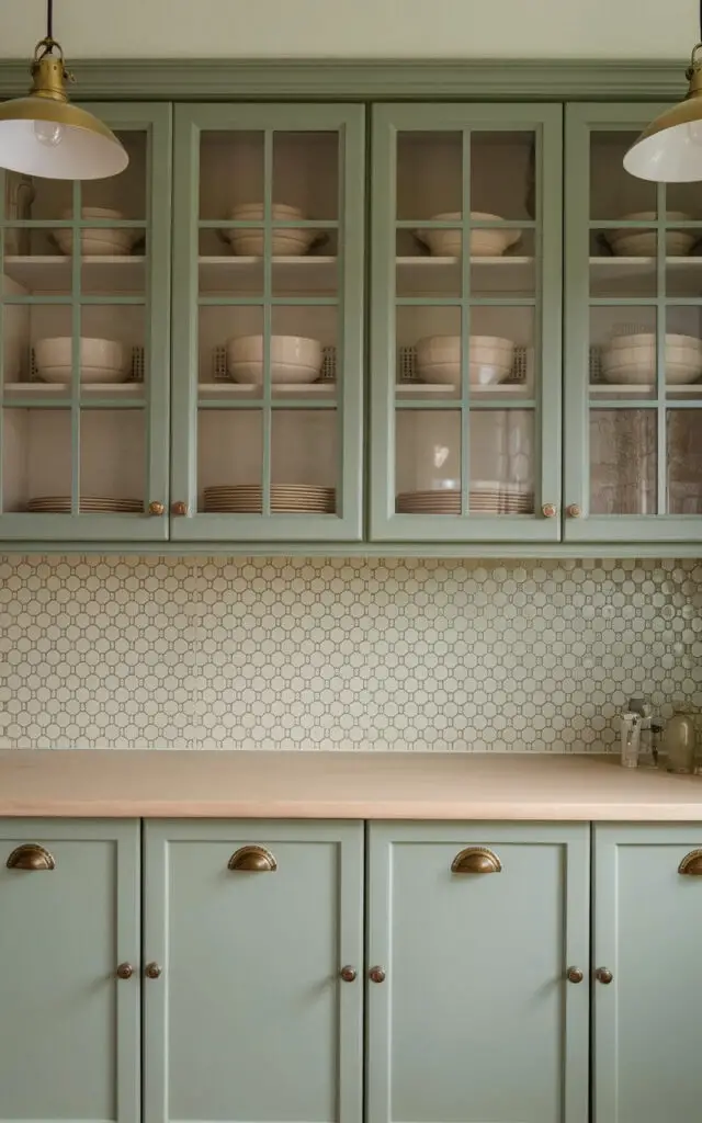 A photo of a vintage-inspired sage green kitchen with cabinetry featuring glass panel inserts. The sage green cabinets are accented by antique brass handles. The glass panels showcase neatly arranged dishware in soft, neutral tones. A patterned backsplash in beige and green adds a touch of subtle charm. Pendant lights with a gold finish cast a gentle glow over the countertops, which are plain and minimalist, free of any clutter.