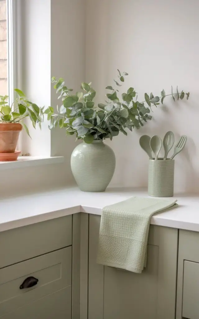 A photo of a minimalist sage green kitchen with subtle decor accents in the green hue. There is a sage green vase with fresh eucalyptus, a matching utensil holder, and a set of hand towels. These items provide pops of color against the white cabinetry and countertops. A small potted plant on the windowsill adds life and texture, completing the understated yet cohesive look.