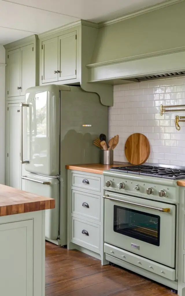 A photo of a close-up of a sage green kitchen with appliances in the same tone. A refrigerator and matching oven steal the spotlight in the otherwise neutral space. The appliances are paired with white shaker cabinets, butcher block countertops, and black hardware, creating a harmonious blend of old-school charm and modern functionality.