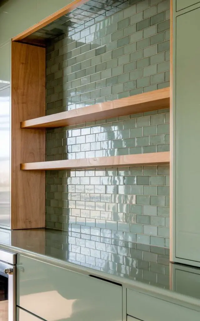 A photo of a sage green kitchen with a textured backsplash of sage green subway tiles. The backsplash extends to the ceiling, creating a dramatic impact. It is framed by natural wooden shelves. The kitchen also features sleek, matte white cabinetry and stainless steel appliances. The glossy surface of the backsplash reflects light, creating a luminous effect.