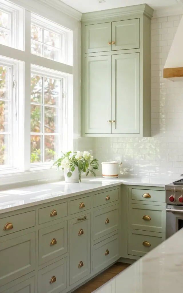 A photo of a bright, modern sage green kitchen with beautifully painted cabinets in a soft, muted green. The upper cabinets are paired with sleek brass handles, while the lower ones feature matte black knobs for a bold contrast. A white marble countertop complements the color palette, and the backsplash adds a subtle texture with glossy white subway tiles. The room is flooded with natural light from large windows, highlighting the vibrant yet calming tone of the cabinetry.