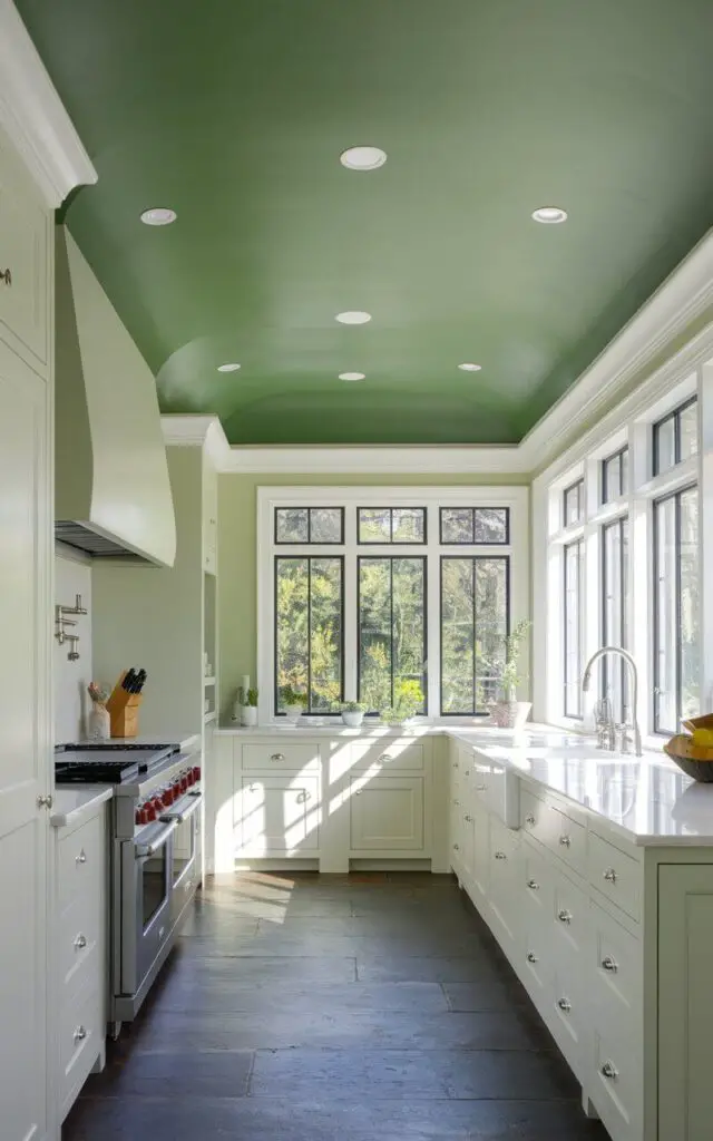 A photo of a sage green ceiling in a kitchen. The ceiling is painted in the serene green shade, creating a bold design choice that contrasts with the white cabinetry and countertops. The green ceiling draws the eye upward and adds depth to the space. Recessed lighting highlights the ceiling color, while natural light streaming through large windows enhances its vibrancy.