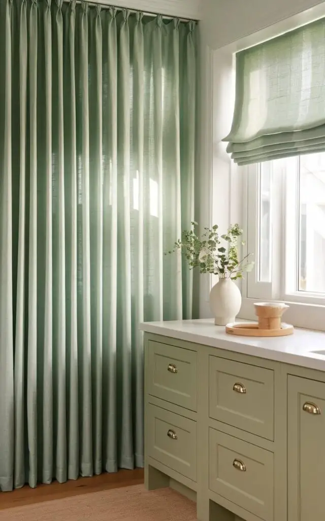 A photo of a bright sage green kitchen with lightweight green curtains. The curtains filter sunlight, casting a soft glow throughout the room. White cabinets and natural wood accents are balanced by the gentle green tones of the curtains, creating an airy and serene atmosphere.