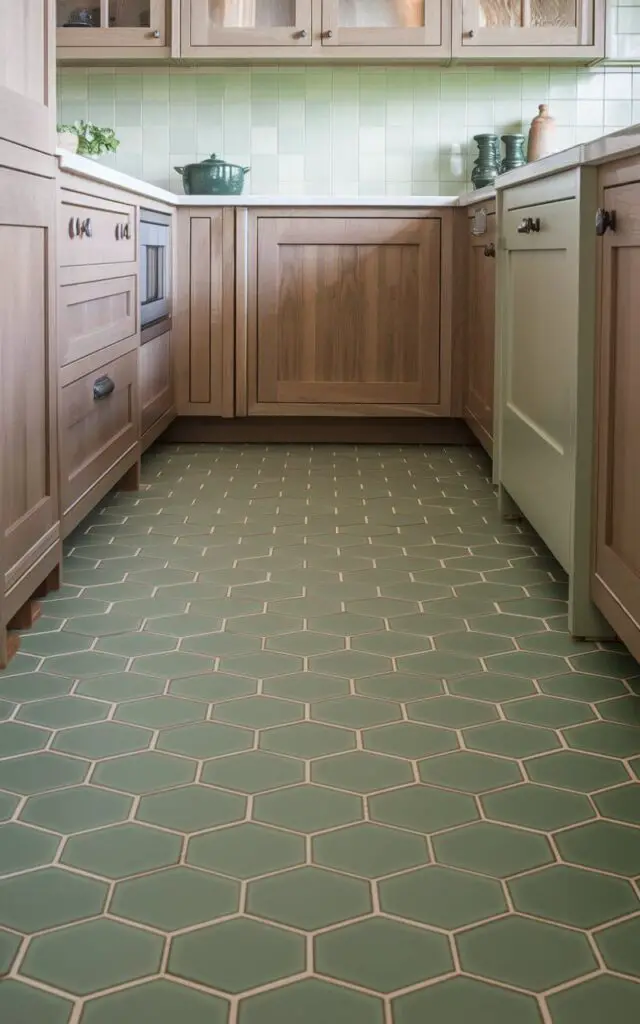 A photo of a rustic sage green kitchen with hexagonal floor tiles in a soft green hue. The tiles are bordered with subtle white grout, creating a clean and defined pattern. The flooring complements wooden cabinetry and a cream-colored backsplash. There is a dark green pot on the floor. The overall design is fresh, charming, and visually balanced.