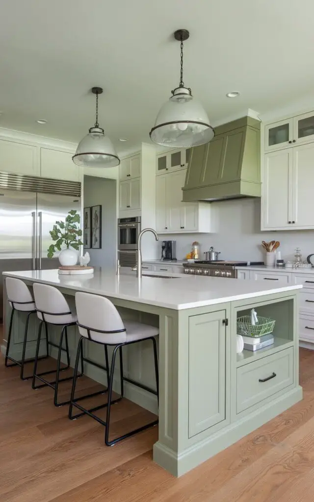 A contemporary sage green kitchen with a striking island painted in a soft sage green hue. The island features a white quartz countertop and integrated storage on one side. High-backed stools with black metal frames create a stylish seating area. The rest of the kitchen includes white cabinetry and stainless steel appliances, allowing the island to take center stage.