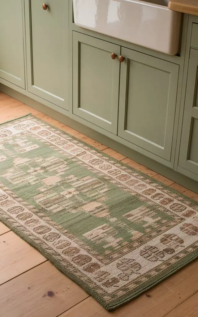 A close-up shot of a rustic sage green kitchen. There is a woven rug in a matching shade placed in front of the sink. The rug features intricate patterns in beige and cream, complementing the green tones. The flooring is natural wood, enhancing the warm and cozy vibe of the room.