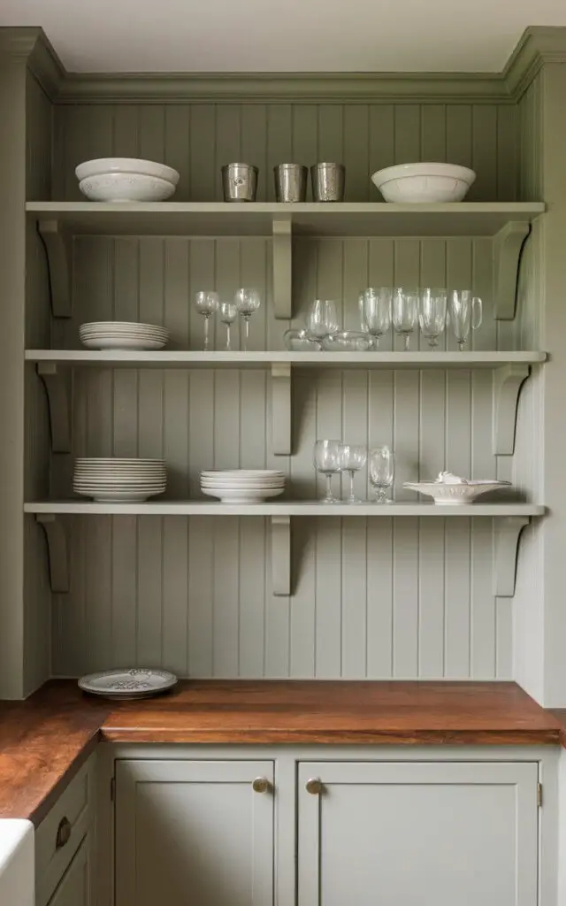 A photo of a chic sage green kitchen with open shelving painted in the signature hue. The shelves hold a mix of white dishes and clear glassware, adding layers of texture and interest. The surrounding walls are neutral, allowing the green to stand out. The wooden countertop below adds warmth and contrasts beautifully with the sleekness of the open shelving.