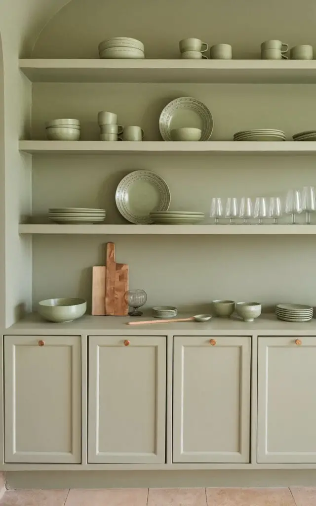 A photo of a minimalist kitchen with sage green walls and open shelving. The shelves display elegant tableware in shades of green, including plates, bowls, and mugs. The tableware is arranged artfully alongside clear glassware. The kitchen has white cabinets and natural wood elements, such as a cutting board and a spoon. The floor is made of beige tiles.