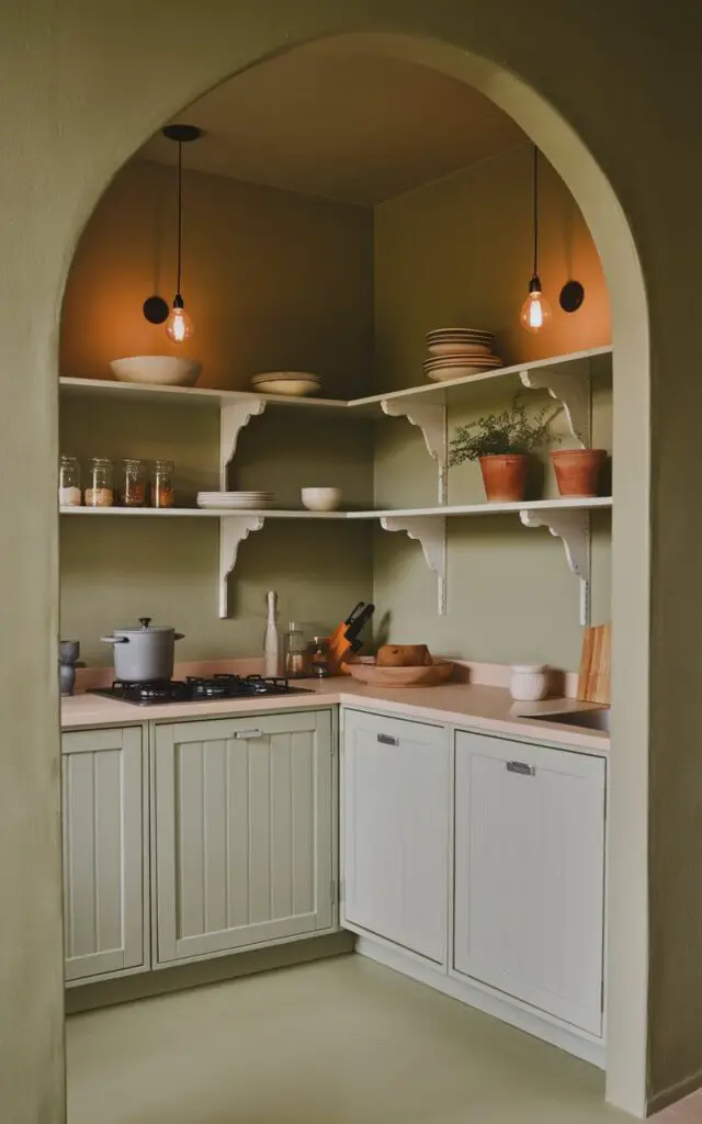 A cozy sage green minimalist kitchen with walls painted in a rich, earthy sage green tone. The color envelops the space, creating a welcoming atmosphere. White shaker-style cabinets contrast beautifully against the walls, while open shelves display glass jars and herbs in terracotta pots. The room is illuminated by warm pendant lighting, adding to the inviting ambiance.