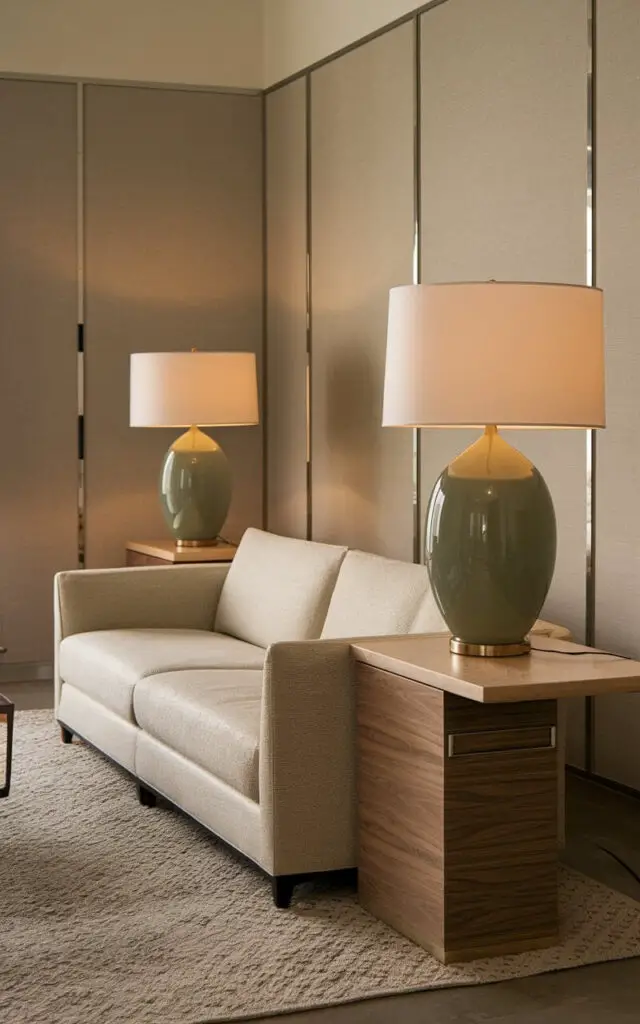 A contemporary sage green living room with a beige sofa and a pair of sage green ceramic table lamps on a sleek wooden console. The space has neutral walls, a textured area rug, and subtle metallic accents for a polished look. The lamps emit a warm glow, adding a soothing ambiance to the room.