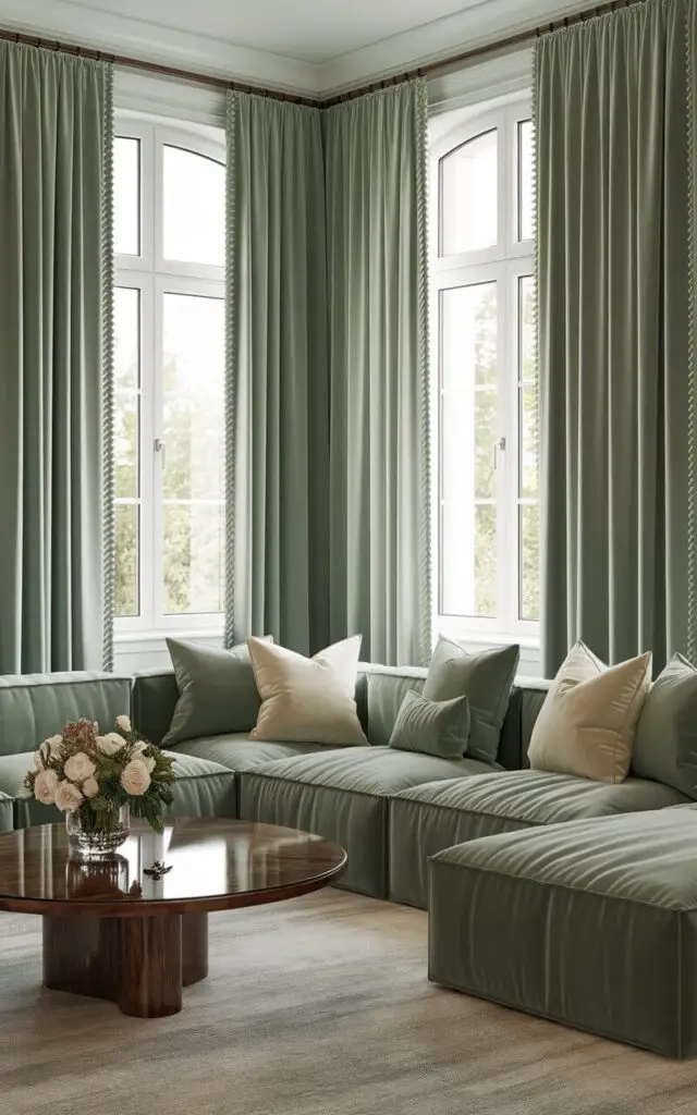 A sophisticated sage green living room with floor-to-ceiling sage green curtains framing large windows. A very cozy gray sectional sofa anchors the room, adorned with coordinating sage green and cream pillows. A round wooden coffee table with a glass top sits nearby, decorated with a flower vase. The soft light filtering through the curtains creates a tranquil setting.