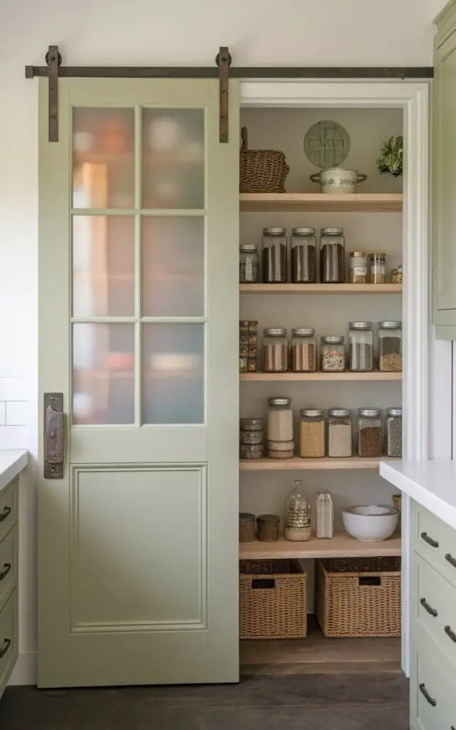 A photo of a farmhouse-style sage green kitchen with a pantry door painted in a bold sage green hue. The door features rustic hardware and a frosted glass panel, adding charm. Inside, neatly organized wooden shelves hold jars of spices, dried goods, and baskets, offering both functionality and aesthetic appeal.