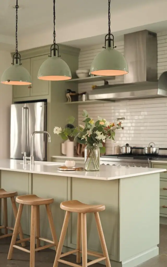 A photo of a chic sage green kitchen with pendant lights in the same hue. The lights hang above the island, casting a warm and inviting glow. The soft green of the pendants is echoed in the cabinetry, creating a cohesive look. Wooden stools and stainless steel appliances add a modern yet earthy touch.