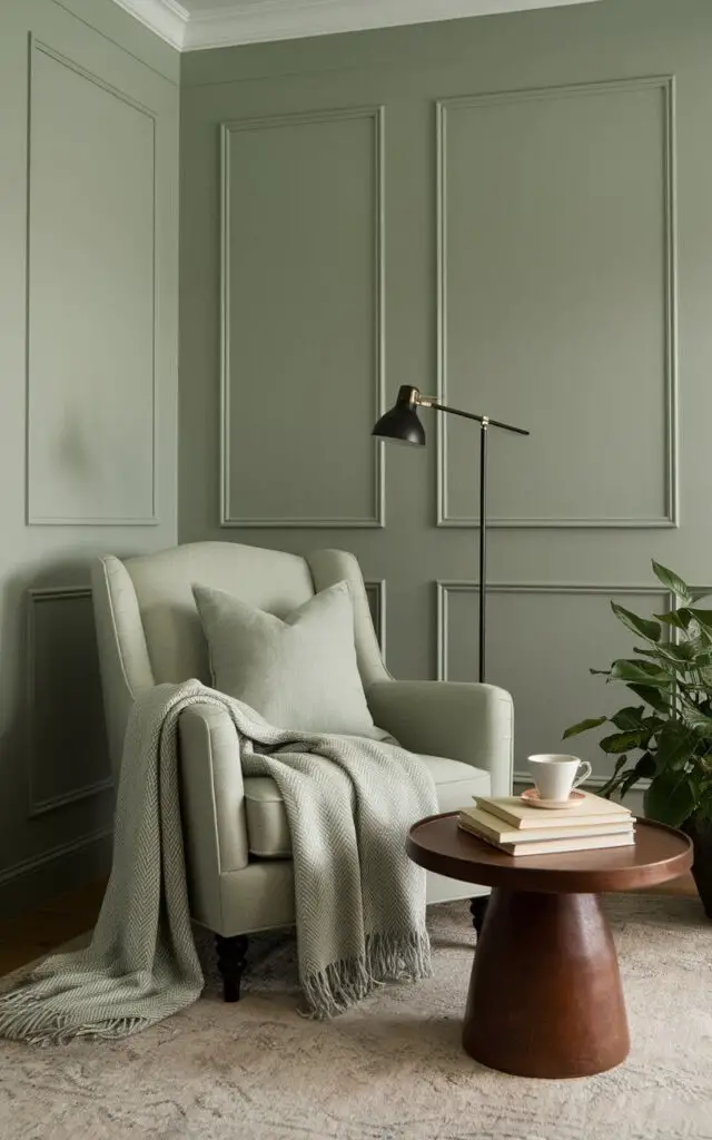 A serene sage green living room with a cozy reading nook. The walls are painted in a soft sage green hue, with a comfortable armchair upholstered in matching fabric. A very cozy throw blanket drapes over the armrest, and a round wooden side table holds a stack of plain books and a cup of tea. A tall floor lamp provides focused lighting, while a plush area rug and potted plant complete the tranquil vibe, making it the perfect spot to unwind.