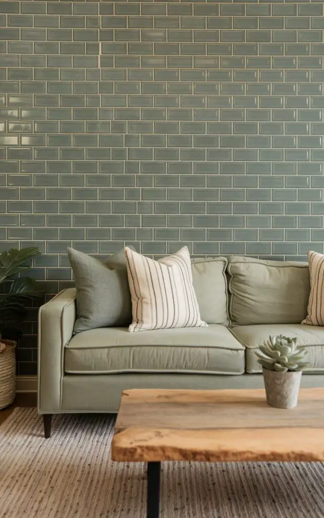 A photo of a chic sage green living room with a feature wall covered in glossy sage green subway tiles. A very cozy beige sofa with sage green and white throw pillows sits in front of the sage green tiled wall. The coffee table is made of natural wood and holds a potted succulent. A textured area rug completes the modern and sophisticated look.