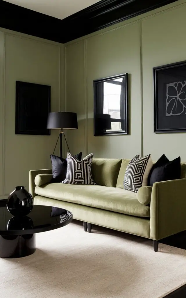 A dramatic sage green living room with black accents for a bold and modern look. A very cozy sage green sofa with black and white patterned pillows takes center stage. A sleek round black coffee table holds a decorative black vase. Black-framed artwork hangs on the sage green walls, while a black floor lamp adds a touch of sophistication. A light beige rug softens the overall look.