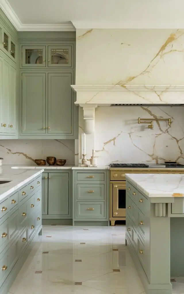 A luxurious sage green kitchen with cabinets and a large island, both paired with white marble countertops and backsplashes. The natural veining of the marble adds elegance and movement to the design. The combination of the soft green and crisp white marble creates a clean yet opulent aesthetic. Gold fixtures add a touch of warmth and sophistication to the space.