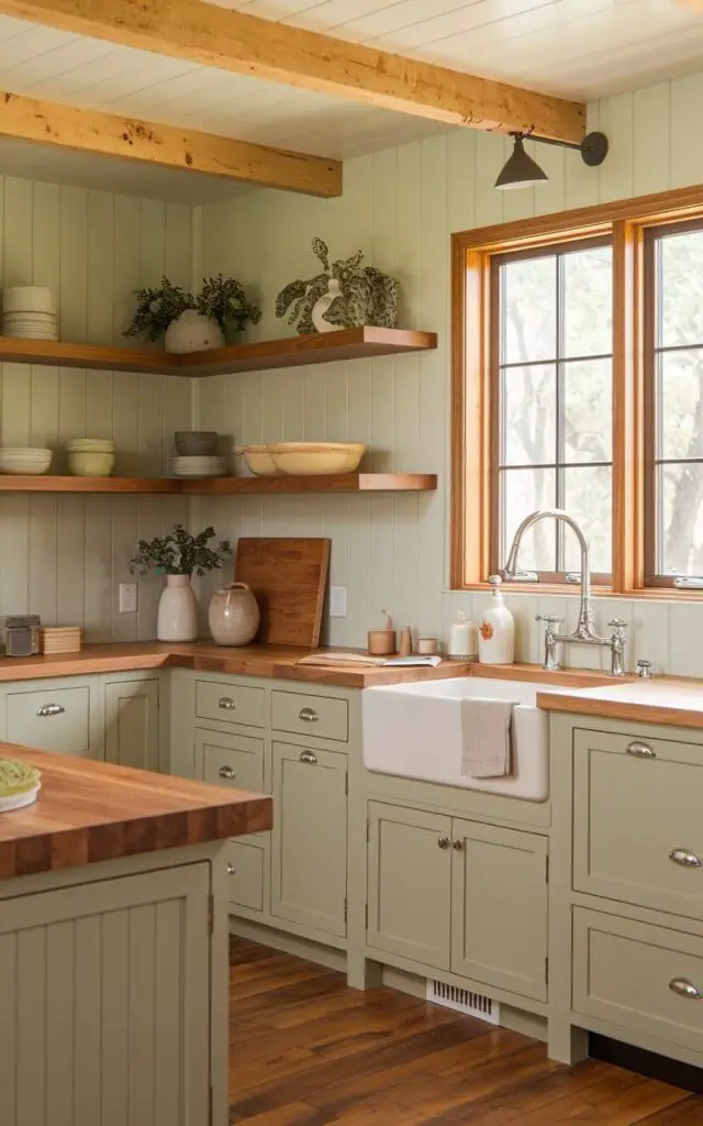 A photo of a rustic sage green kitchen with warm natural wood tones. The cabinets are painted in a soft sage green, while the countertops are made of polished butcher block. Open wood shelves display a mix of greenery and neutral ceramic pieces. A farmhouse-style sink with a kitchen faucet sits under a large window, and wooden beams accentuate the ceiling, enhancing the organic feel of the space.