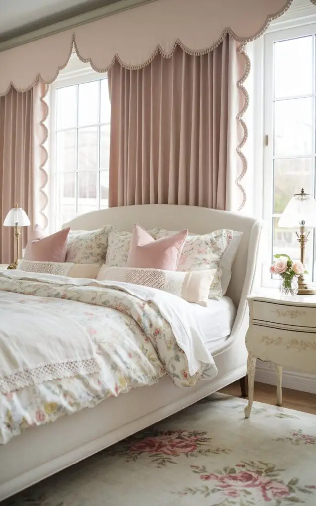 A beautifully styled bedroom with a cozy upholstered bed in ivory linen, layered with pastel floral bedding and lace-trimmed throw pillows. The bed is placed near a large window with scalloped-edge bedroom window curtains in a soft blush pink fabric. The curtains add an elegant and vintage-inspired touch. A white bedside table with intricate detailing holds a vintage brass lamp and a small vase of fresh roses. The room also features a subtle floral area rug.