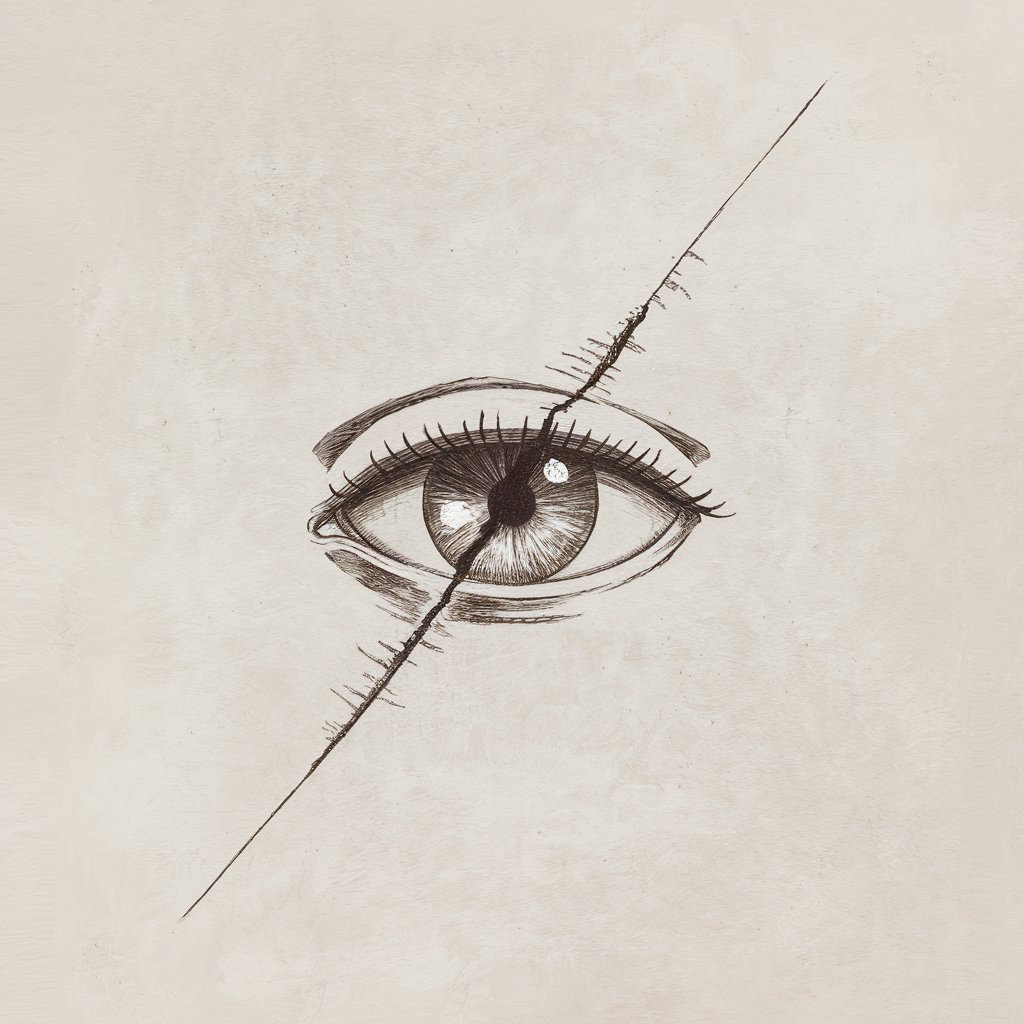 A minimalist, plain white background pencil drawing illustration of an eye with a thin, diagonal scar across it. The iris is sharp and piercing, and the scar is shaded lightly to show depth. Drawn in a simplistic style, it adds drama and a hint of storytelling.