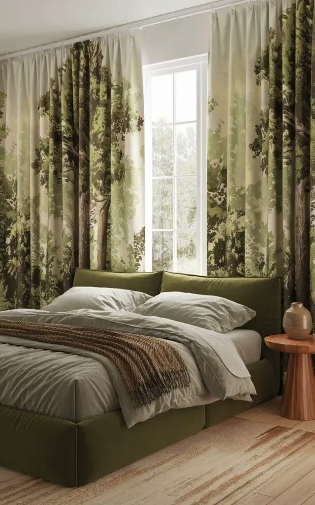 A nature-inspired bedroom with a serene forest design on the bedroom window curtains. The curtains are printed with shades of green and brown. The room has a very cozy upholstered bed with a low-profile design and dark green fabric. The bed is layered with earth-toned linens and a woven throw blanket. There is a wooden side table with a ceramic vase.