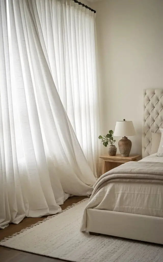 A serene bedroom with a floor-to-ceiling window adorned with sheer white curtains. The curtains flow gracefully, creating an airy and ethereal ambiance as they are draped elegantly over the window. Soft natural light filters through the translucent fabric, brightening the room without sacrificing privacy. Near the window stands a cozy upholstered bed with a tufted headboard in neutral tones, perfectly complementing the minimalist decor. A wooden bedside table holds a ceramic lamp and a small potted plant, adding a touch of charm. A textured white area rug adds subtle warmth to the hardwood floor.