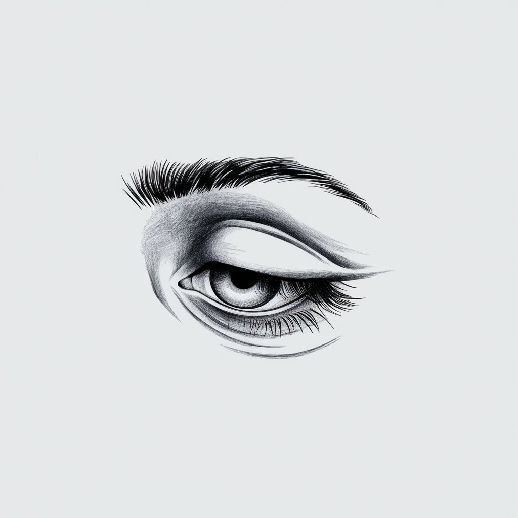 A minimalist, plain white background pencil drawing illustration of a sleepy eye with heavy eyelids. The iris is visible. The eye is shaded lightly with a few sparse eyelashes, and the drooping brow adds to the drowsy effect. Drawn in a simplistic style, the focus is on capturing the essence of exhaustion.