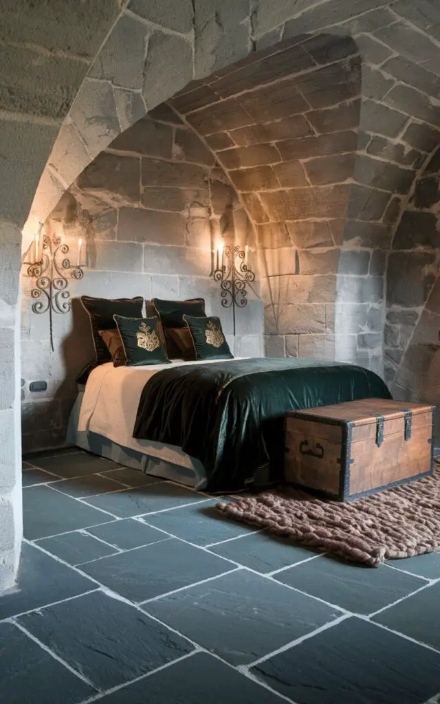 A photo of a medieval bedroom with cool, slate stone flooring. A very cozy bed with dark green velvet bedding and gold-embroidered pillows is placed on the floor. A thick wool rug is placed at the bedside. The stone flooring blends seamlessly with the exposed stone walls. A large wooden chest is placed at the foot of the bed, adding functionality and charm. Wrought iron candle sconces provide soft lighting, enhancing the rustic medieval aesthetic.