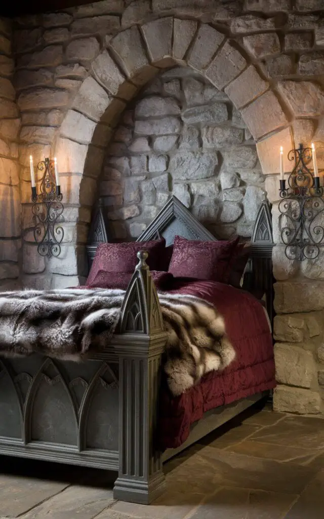 A photo of a medieval bedroom with a cozy bed and a faux stone fireplace. The bed has plush, burgundy bedding and is placed against an exposed stone wall. The bed's frame is made of heavy, dark wood with gothic carvings. A thick fur throw adds texture and softness. Wrought iron sconces holding flickering candles are mounted on the stone wall, creating a soft, medieval glow.