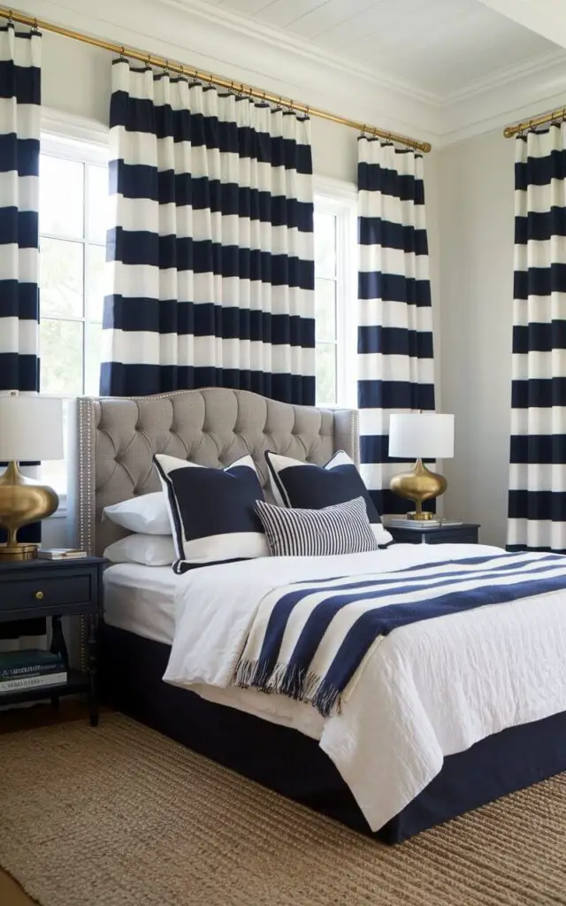 A vibrant bedroom showcasing playful striped bedroom window curtains in alternating navy and white bands. The curtains frame a tall window, bringing structure and energy to the space. Positioned in front of the window is a very cozy upholstered bed with a tufted gray fabric headboard, styled with white bedding and a navy-striped throw blanket. A nautical-themed bedside table with a brass lamp completes the playful and polished look, while a natural jute rug ties the room together.