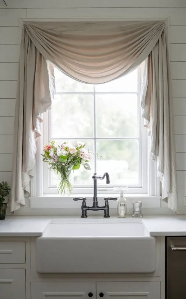 A photo of a white farmhouse kitchen with a sink and a black pull-down faucet. Above the sink, there is a swag-style kitchen window curtain made of lightweight fabric. The fabric drapes elegantly across the top of the window. There is a vase of fresh flowers on the windowsill. The walls are white shiplap.