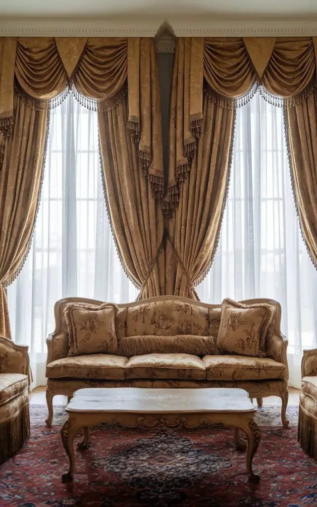 A photo of a traditional living room with elegant swags in rich gold fabric draped over the windows, framing sheer white curtains beneath. A cozy vintage floral-print sofa is styled with fringed cushions. A carved wooden coffee table with claw feet adds a classic touch, and a Persian rug grounds the space in timeless luxury.