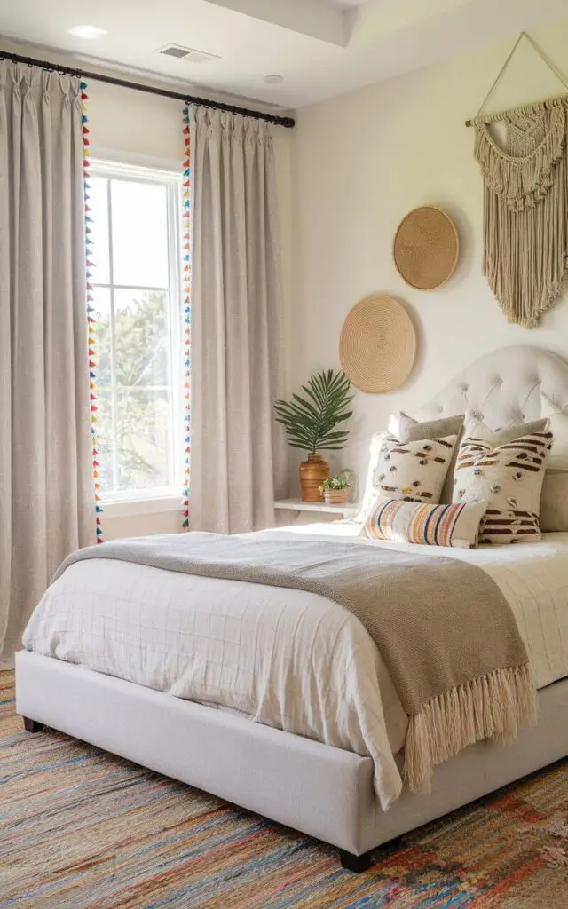 A photo of a bohemian bedroom with a light beige bedroom window curtain adorned with colorful tassel trim. The curtain frames a wide window, casting soft, natural light throughout the room. A cozy upholstered bed with a low-profile headboard in a neutral linen finish is layered with textured throws and patterned pillows. A macramé wall hanging and woven basket decor add to the relaxed, boho vibe, while a colorful area rug completes the look.