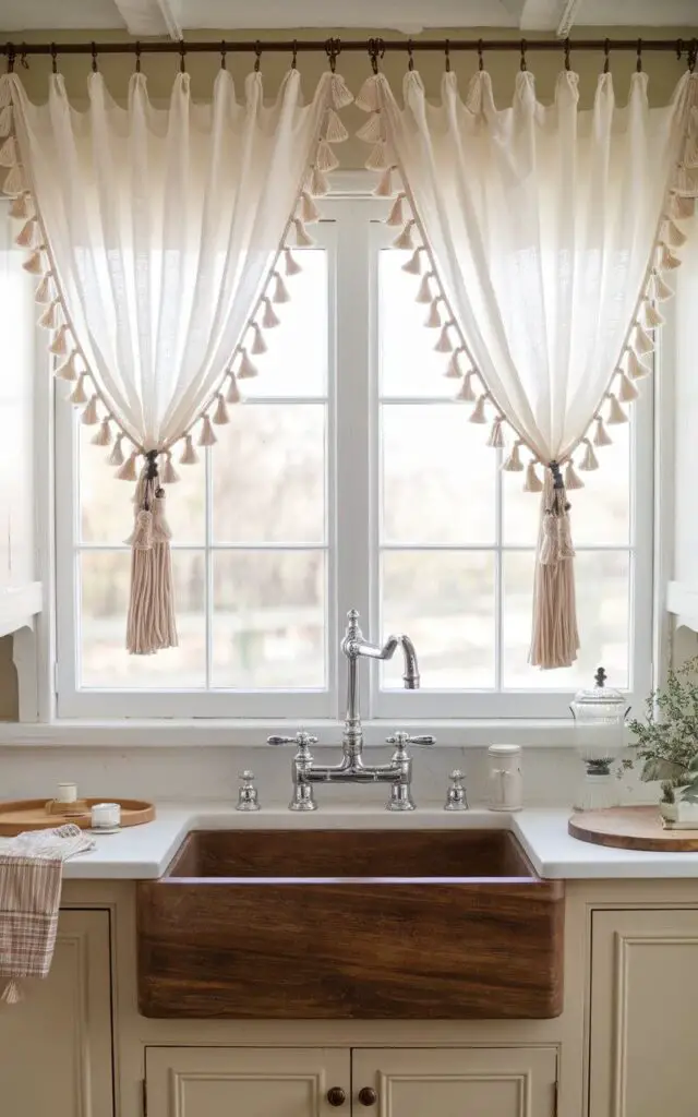 A kitchen with a farmhouse style. There is a large wooden sink in the center and a polished chrome faucet. Above the sink, there are lightweight white curtains gathered with tassel tiebacks. The tiebacks have a boho-inspired design in soft beige tones. The room has a vintage-style decor.