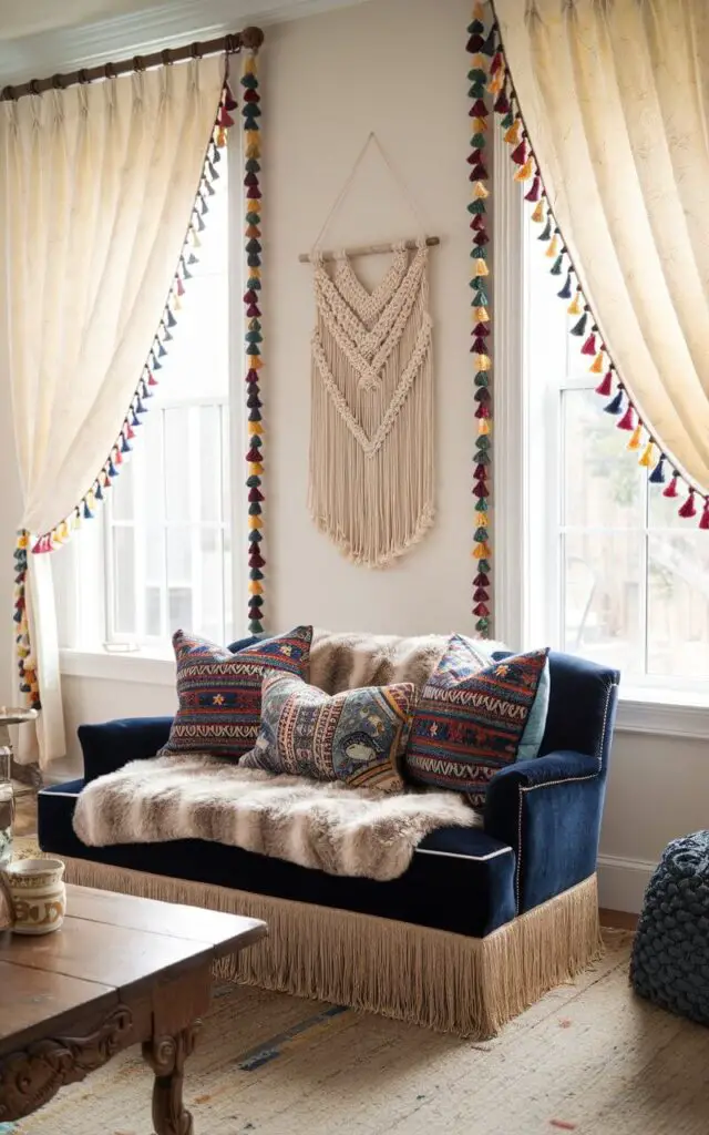 A photo of a whimsical living room with cream window curtains adorned with colorful tassel trim along the edges. A very cozy navy loveseat with fringe detailing is accessorized with bohemian-patterned pillows and a soft faux-fur throw. A macramé wall hanging and a wooden coffee table with carved details enhance the eclectic style.