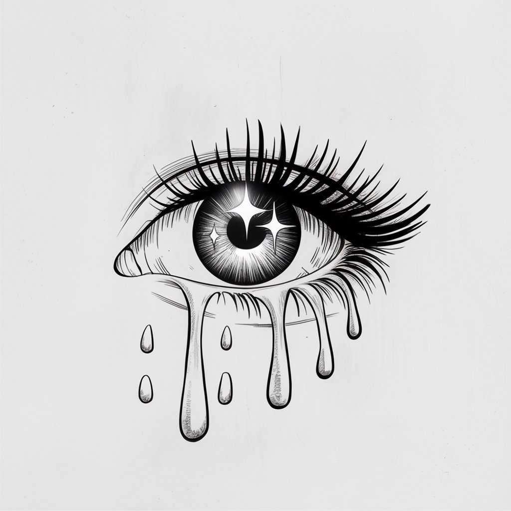 A minimalist, plain white background pencil drawing illustration of an eye filled with happy tears. The iris is bright, with large sparkles and multiple small tears near the lash line. Drawn in a simplistic style, it captures the mix of emotions with a light, joyful tone.