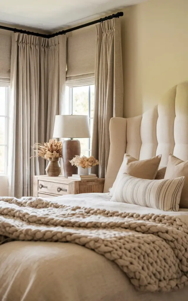 A photo of a warm and inviting bedroom. The room features soft, textured bedroom window curtains in a beige linen fabric, which add depth and coziness to the space while softly diffusing natural light. Anchoring the room is a very cozy upholstered bed with a plush, padded headboard in a cream linen finish. The bed is layered with chunky knit throws and textured cushions, complementing the curtain's tactile appeal. A rustic wood nightstand with a table lamp and an arrangement of dried flowers ties the natural, cozy aesthetic together.